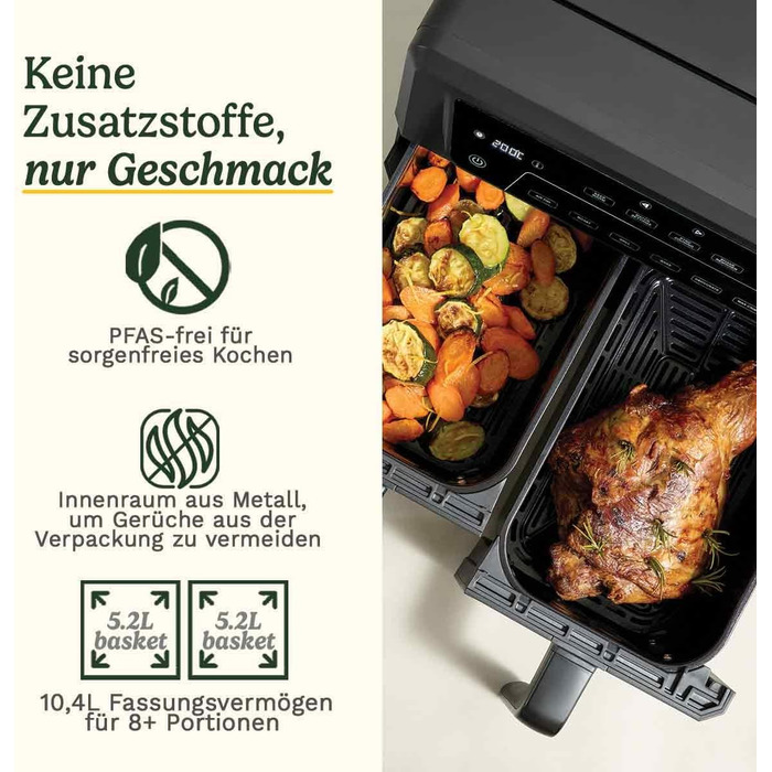 Фритюрниця Cuisinart XXL 10.4L з двома зонами нагріву | Без PFAS та хімікатів | Для смаження, грилю, випікання, дегідратації та підтримання тепла | 2 камери (2 x 5.2L) | 8+ порцій | Деталі придатні для миття в посудомийній машині (2 камери / 10.4L, нержав