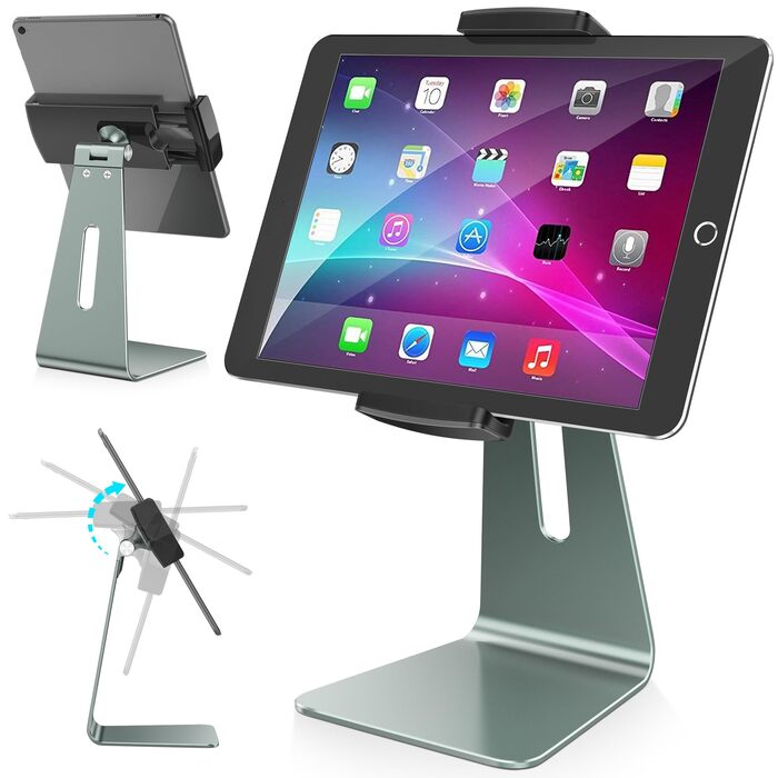 Регульована підставка для планшета AboveTEK з алюмінію, поворотна на 360° для iPad Pro/Air/Mini, Galaxy Tab (7–12,9 дюймів), сіра — для офісу, кухні та магазинів