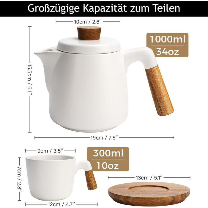 Набір для чаю Miamio: керамічний чайник 1 л з ситечком та 4 чашки (300 мл), бамбукові підставки