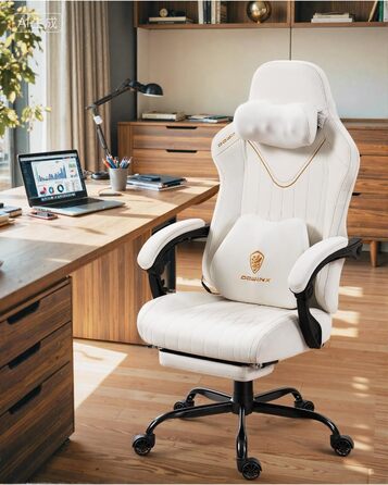 Ігровий крісло Dowinx з масажем, ергономічний дизайн, підтримка попереку та шиї, до 135 кг, шкіра, для дорослих (білий)