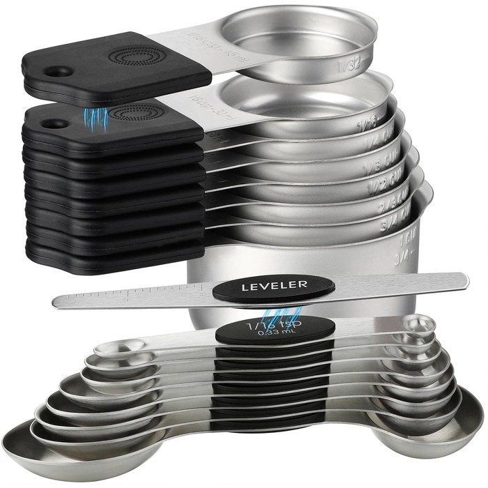 Magnetic Measuring Cups and Spoons Set with 16 Pieces, including 7 stackable magnetic stainless steel measuring cups, 8 magnetic measuring spoons with leveler for dry and liquid ingredients