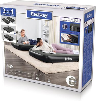 Надувний матрац Bestway TriTech Connect and Rest 3-в-1 | Міцний матеріал | Регульовані пряжки | 2 матраци в комплекті | Сірий колір | 188 x 99 x 25 см