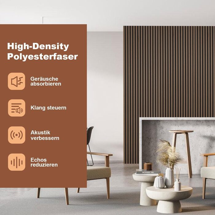 Акустичні панелі з дерева та фетру 120x60 см, набір 4 шт (2,88 м²), звукопоглинаюча стінова облицовка для покращення акустики приміщення, колір Чорний горіх