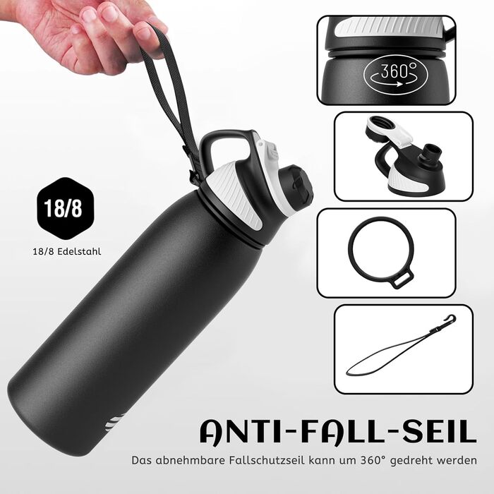 Фляга спортивна Fjbottle Edelstahl 1 л з магнітною кришкою, BPA-Free, для школи, фітнесу, чорна
