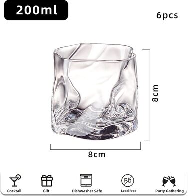 Набір склянок 6 шт. 200 мл - Набір склянок з кришталю, нерегулярної форми - склянки для віскі, кави, коктейлів, напоїв (6 кольорів)