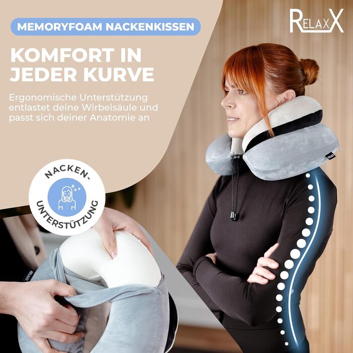 Преміальна подушка для шиї RELAXX Memory Foam L для подорожей – ортопедична подушка для літака, авто, поїзда, автобуса, ергономічне шийне ортопедичне подорожнє подушка для дорослих