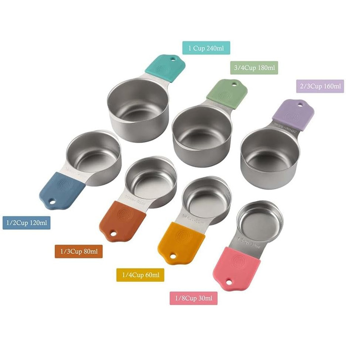 16-Piece Stainless Steel Measuring Cup and Spoon Set, 7 Sturdy Cups, 8 Double-Sided Spoons with Leveler, Multicolored