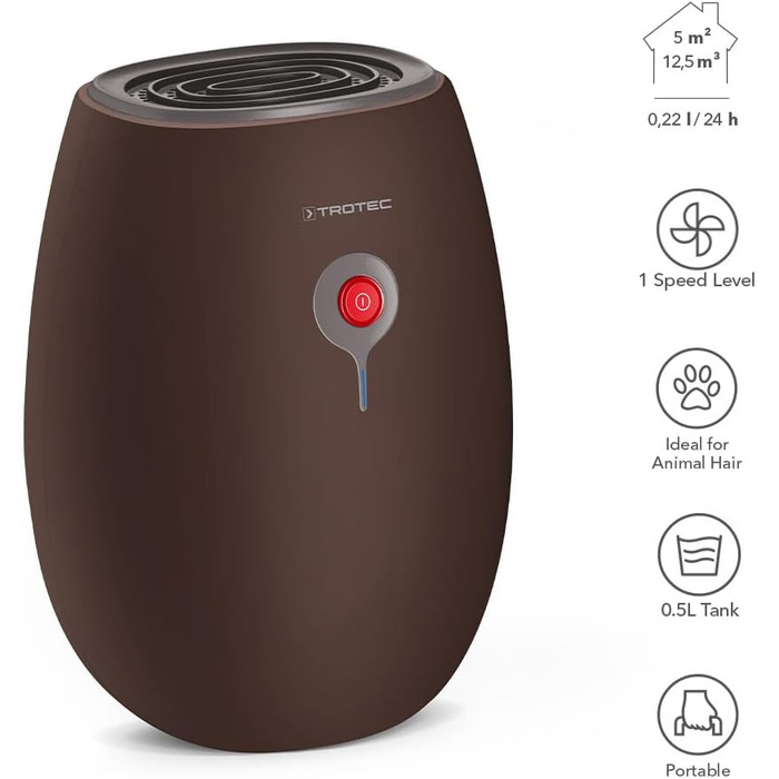TROTEC Electric Dehumidifier TTP 1 E – Performance 0.22 L/day – 5 m² / 12.5 m³ – Brown Room Dehumidifier