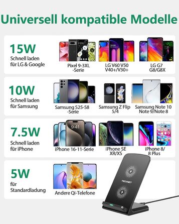 Бездротовий зарядний пристрій TECKNET, складаний, швидка зарядка для iPhone 17/16/15/14/13/12/11/Pro Max, Apple Watch Ultra/11-3/SE, AirPods Pro 3-2/4-2, чорний