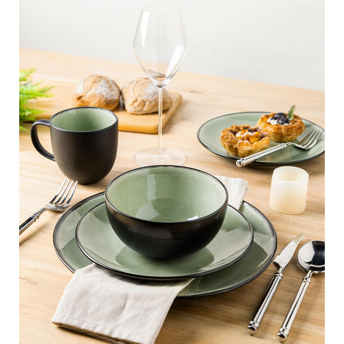 Набір посуду GBhome з реактивної глазурі для 6 осіб (18 предметів), ручної роботи, керамічний, мікрохвильова та посудомийна машина, зелений колір