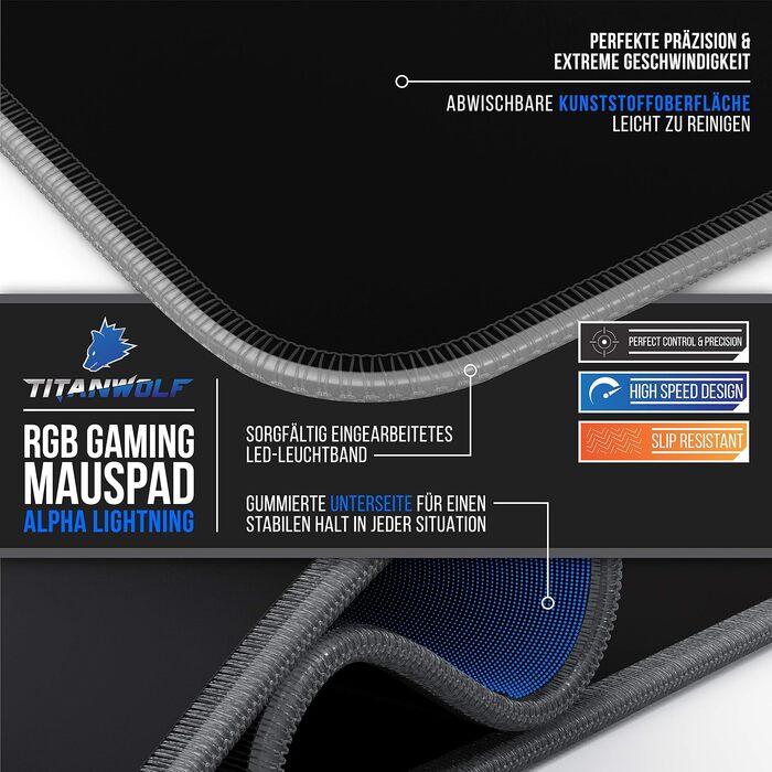 Ігровий килимок для миші TITANWOLF RGB XXL (800x300 мм) з LED-підсвіткою, 11 режимів освітлення, вологостійкий, чорний