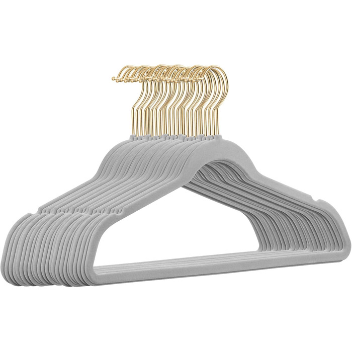 25 вешалок для одягу з велюру StickandShine, сірого кольору з гачками з золотим ефектом, антиковзаючі