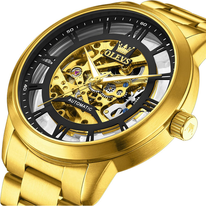 Чоловічий годинник OLEVS Tourbillon автоматичний механічний, люксовий класичний годинник зі сталевим ремінцем, водонепроникний, підсвічування (Золотий ремінець, чорний циферблат)