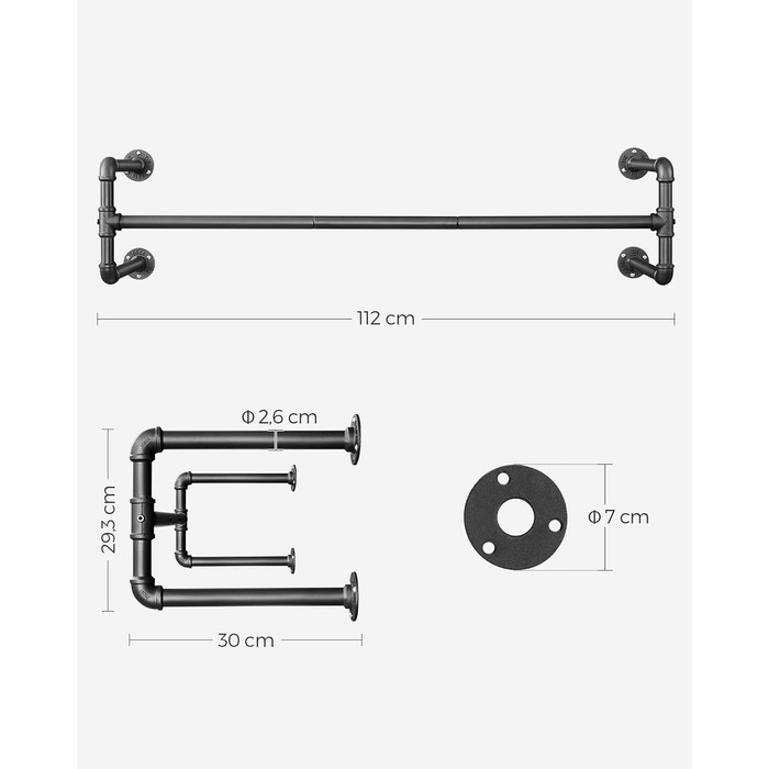 SONGMICS Wall Clothes Rack, Industrial Design Clothes Rail, 2-Piece Set, Wall Mounting, Load Capacity up to 60 kg, 30 x 112 x 29.3 cm, Easy Assembly, Black HSR64BK-02
