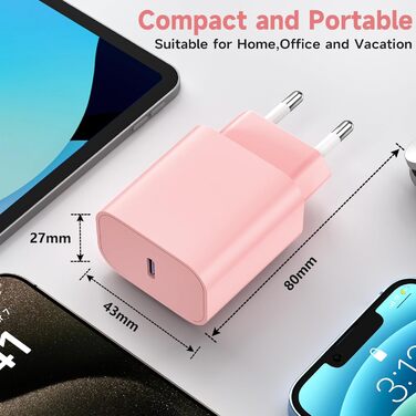 Зарядний пристрій USB-C 20W з кабелем Type-C 2м для iPhone 16/15/Pro/Air, iPad - Рожевий + Зелений (2 шт)