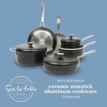 Набір кухонного посуду Sur La Table Kitchen Essentials 13-Piece, преміум-кераміка, антипригарне покриття, для індукційних плит, знімний ручка, смарагдово-зелений