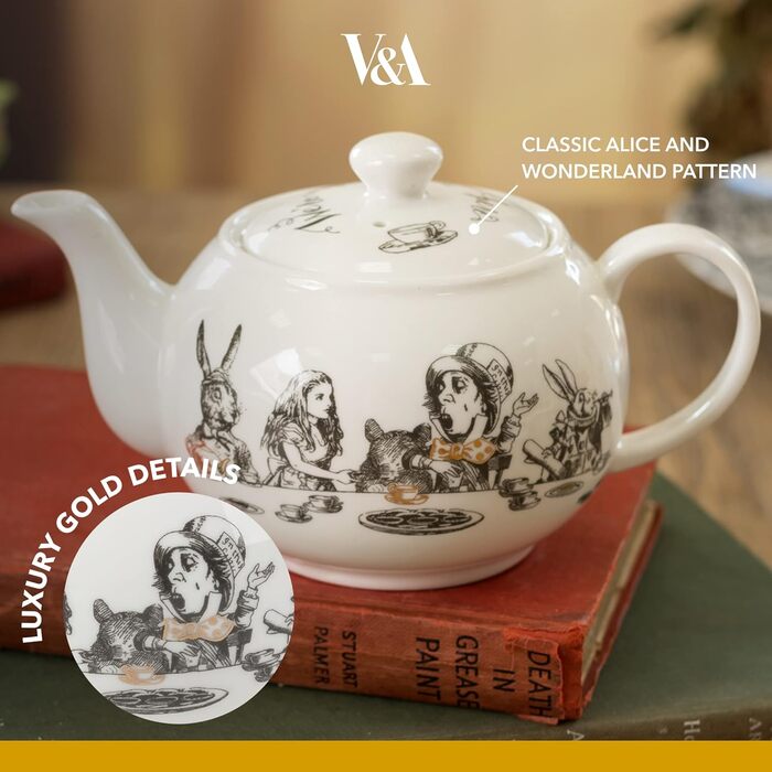 V&A Alice in Wonderland Teapot, pitcher for serving tea, water jug, pot with lid, intricately painted ceramic design, 450 ml, white