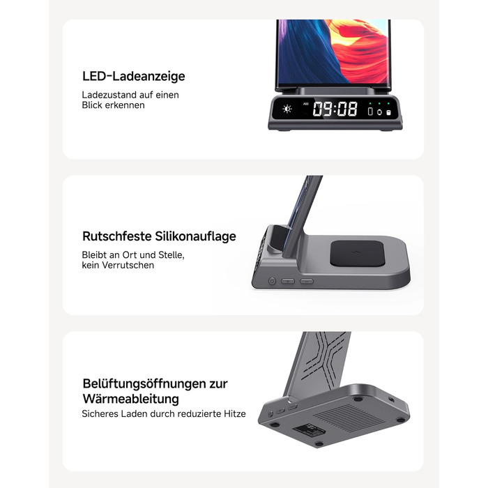 Бездротова зарядка 3-в-1 для Samsung Galaxy S25 Ultra, Watch 8/Ultra/7/6, Buds 3/3 Pro (Tech Grey)