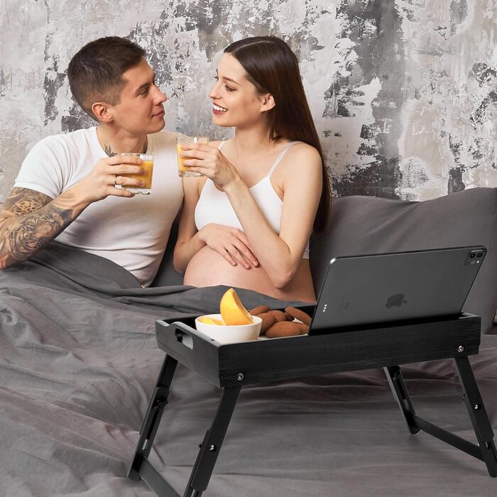 Бамбукове піднос-столик Greenual з ручками, складними ніжками, слотом для медіа, чорного кольору (2 шт.)