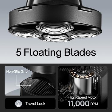Електрична машинка для гоління голови Yoose Herren IPX7, 5 бритвених головок, USB-C, чорна