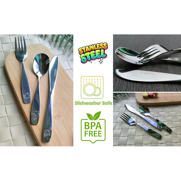Набір дитячого столового приладдя EXZACT Kinderbesteck Set (18 предметів) з нержавіючої сталі для дітей від 2 років. Можлива гравіювання, безпечні ножі, підходить для миття в посудомийній машині.