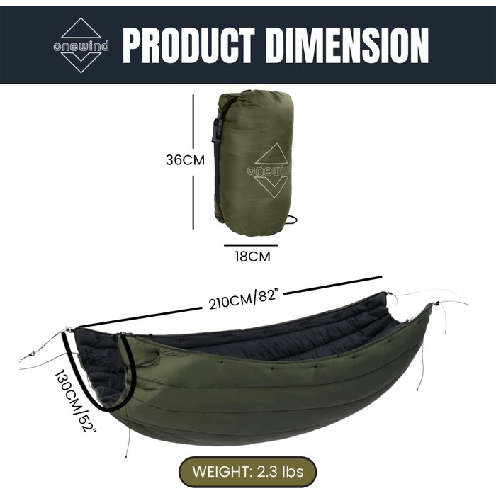 Onewind Hammock Underquilt, full-length underquilt with insulation for hammock camping, 4 seasons, hiking, backpacking, and travel. Lightweight and portable