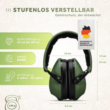 Schallwerk® Kapselgehörschutz Kiddies: Дитячі навушники-захисники від шуму | Навушники для дітей, преміум-якість, захист від шуму, ідеальні для повсякденного використання та заходів (Оливковий зелений)