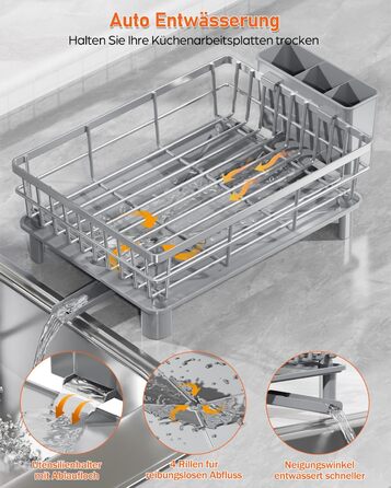 LIONONLY Dish Drying Rack, Small 2-Tier Dish Rack with Drip Tray, Stainless Steel Dish Drying Rack with Utensil Holder, Drink Holder and Swivel Spout, Dish Drying Stand Kitchen