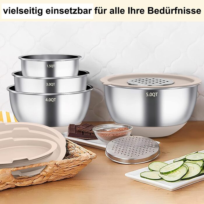 Mixing Bowl Set of 6, Stainless Steel Bowl Salad Bowl Set with Lid & Silicone Bottom, 3 Grater Attachments, 4.7l/3.8l/2.8l/1.9l/1.4l/0.6l, Non-Slip & Stackable - Khaki