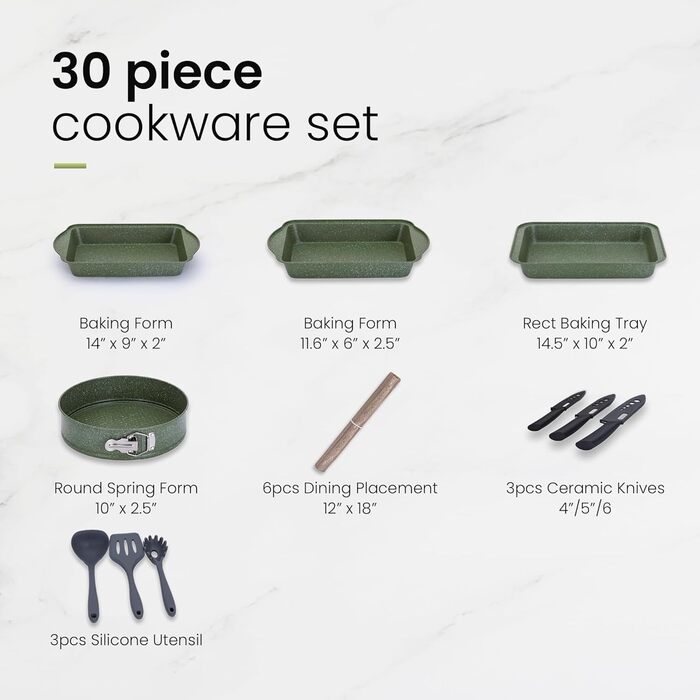 Набір посуду Kitchen Academy 30 предметів: каструлі та сковорідки з антипригарним покриттям, індукція, гранітне покриття, зелений