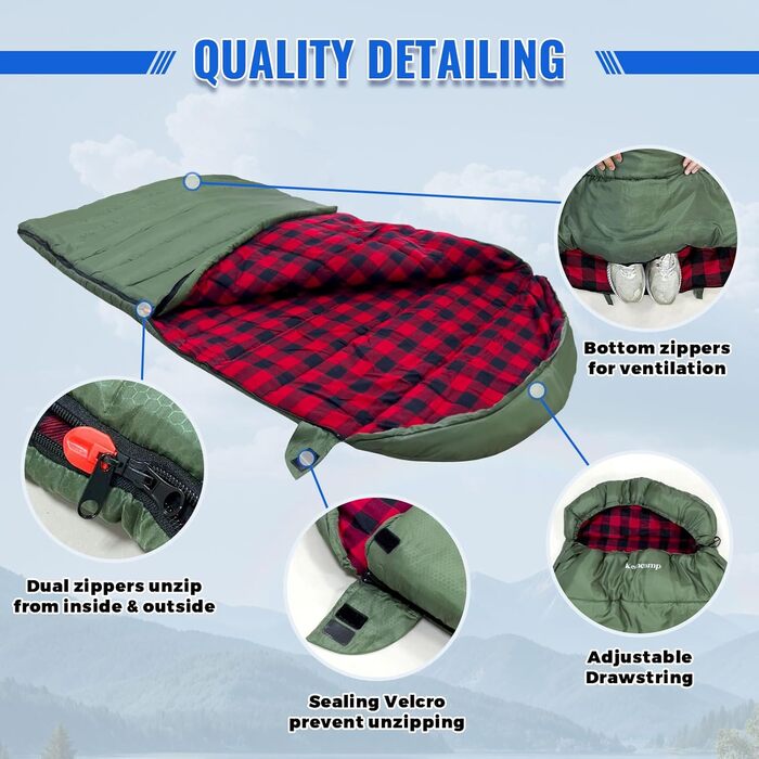 Спальний мішок Keencamp Flanell Warmer для кемпінгу та відпочинку на природі - 3-4 сезони, бавовняна підкладка, до -1°C, XXL, 230x90 см (Olive-L-Zip)