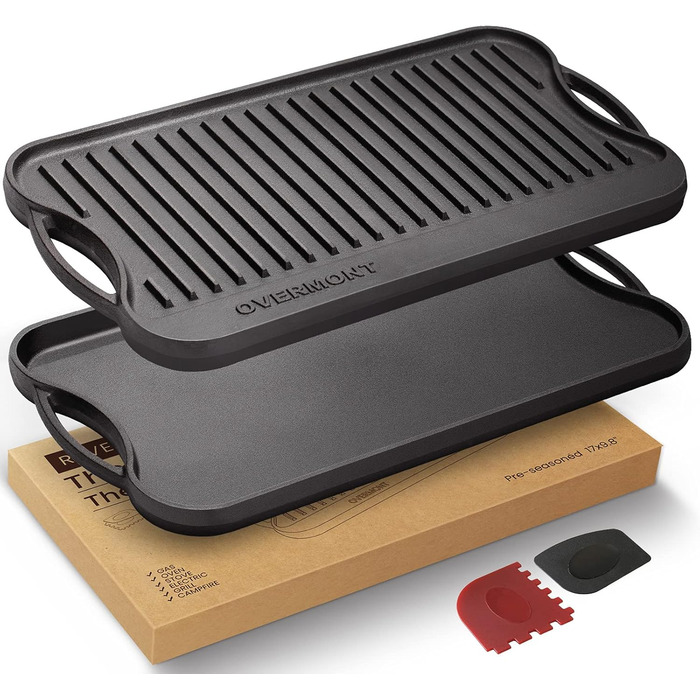 Чавунна двостороння гриль-плита OVERMONT з ручками 43,2×24,9 см для BBQ, духовки, газового та вугільного гриля