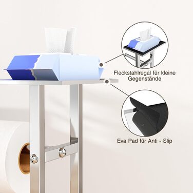 Stainless Steel Toilet Paper Holder with Brush & Shelf - Freestanding Toilet Roll Dispenser with Cover & Tray (Silver)