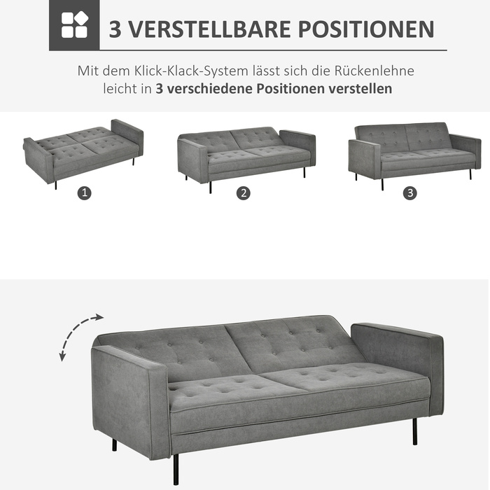HOMCOM 3-Seater Sleeper Sofa with Reclining Function and Adjustable Angle, Vintage Design Made of Eucalyptus Wood and Cotton in Grey