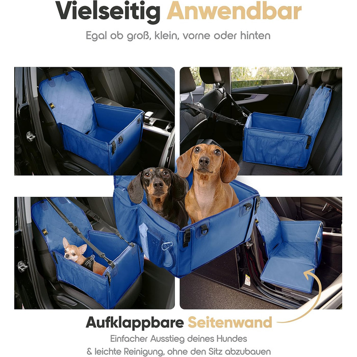 Extra Stable Dog Car Seat - Reinforced Walls & 5 Straps - Waterproof Dog Car Seat for Rear & Front Seat (Standard Size) - Blue