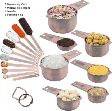Measuring cup and spoon set, 18/8 stainless steel, measuring cups and spoons, metric and US measuring tool set, durable, 7 cups and 9 spoons, 1 leveler for baking and kitchen
