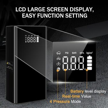 Powerbank з компресором для запуску авто 12V, 10L бензин/8L дизель, LED-ліхтар, швидка зарядка, чорний