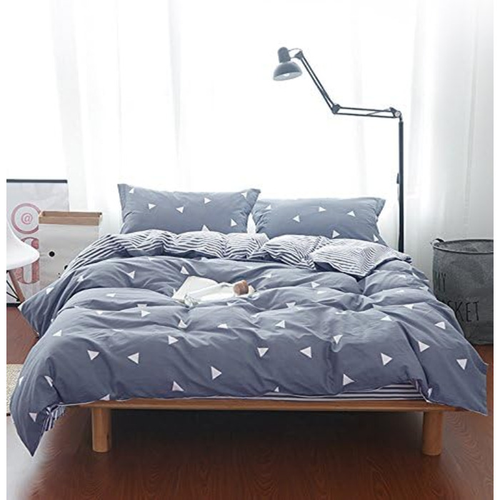 Комплект постільної білизни Uozzi Bedding Queen: блакитно-сірий, 3-частинний, 800 TC, мікрофібра з блискавкою, 4-стрічки, сучасний літній стиль для жінок та чоловіків (1 простирадло + 2 наволочки)