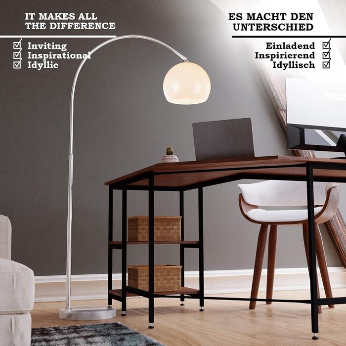 Торшер Jago Bogenleuchte білий, регульована висота 145-220 см, 1xE27 LED 60W, енергоефективність A++-E