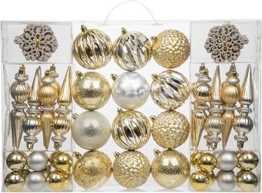 Набір прикрас для ялинки 92 шт. - Стійкі до пошкоджень ялинкові кулі, блакитно-золоті орнаменти. Новорічні прикраси для ялинки, вінка, новорічний декор (шампань & срібло)
