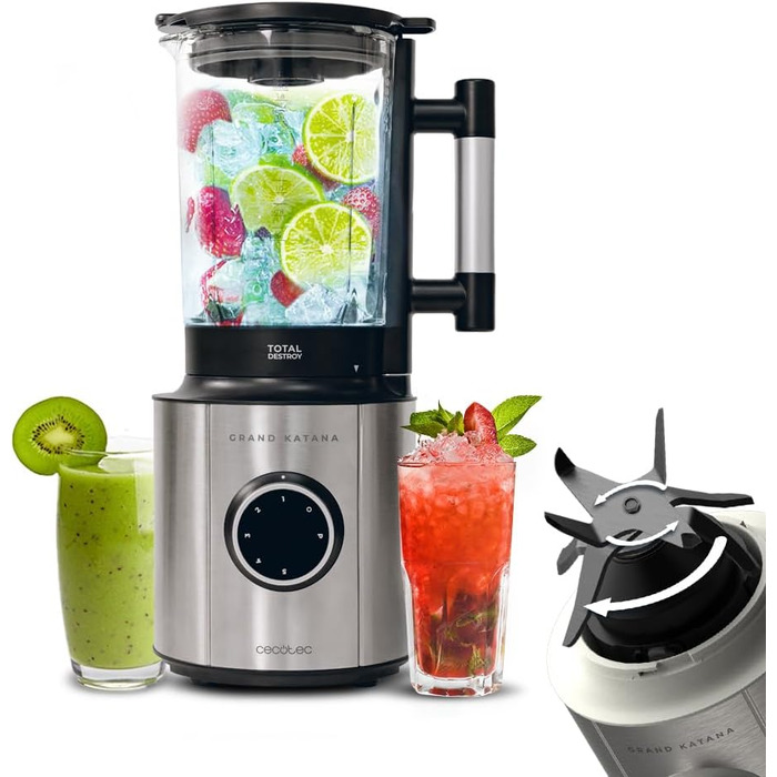 Cecotec Stand Mixer Grand Katana 2700MAX Total Destroy Screen B. Maximum Power 2700W, Digital Display, 8-Blade Knife with Black Titanium Coating, 1.8L Glass Jug
