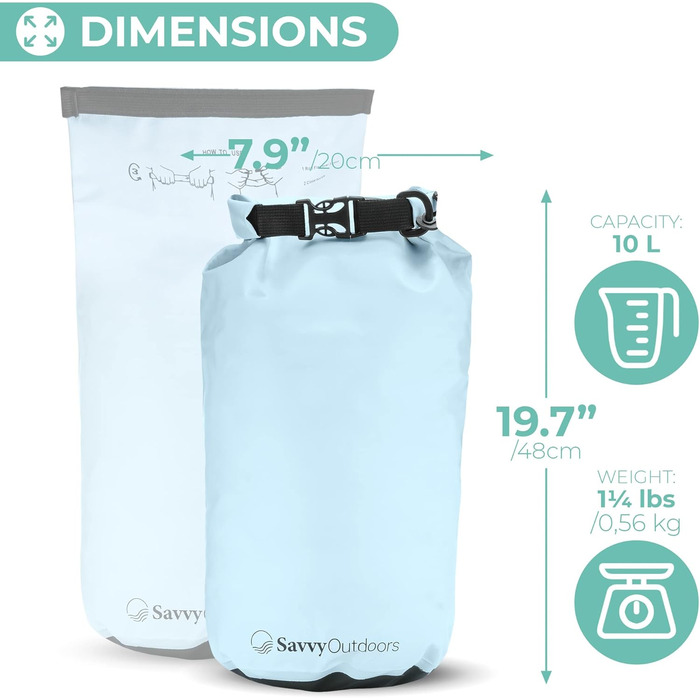 Waterproof Dry Sack – 5L, 10L, 20L, or 30L – waterproof bags to protect food and gear at the beach or while kayaking, hiking, camping, and boating – the perfect dry bag for wet outdoor activities
