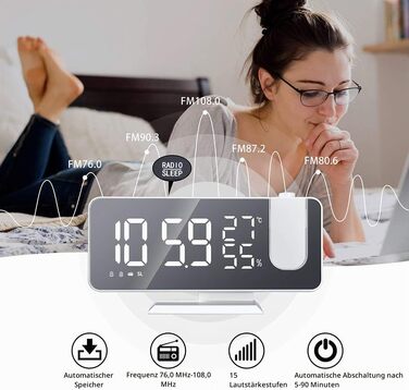 Цифровий LED-будильник-проектор з дзеркальною поверхнею, FM-радіо, USB-портом, гігрометром та термометром, білий