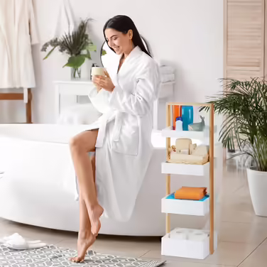 Полиця для ванної Relaxdays, 4 яруси, бамбук і МДФ, вузька, для зберігання, 88x30x18 см, біла/натуральна