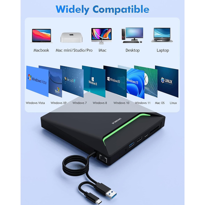 Зовнішній DVD-накопичувач ORIGBELIE з RJ45 Ethernet-адаптером та USB 3.0 хабом (3 USB, 2 TF/SD), зовнішній CD-записувач для ноутбука, MacBook, PC Windows, Linux, Mac OS, з сумкою для перенесення