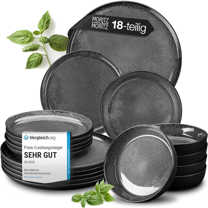 Набір посуду Moritz & Moritz VIDA на 6 осіб, 18 предметів - Сучасний набір посуду з порцеляни, стійкий до подряпин, підходить для мікрохвильової печі та посудомийної машини, сервіз на 6 осіб, колір антрацит