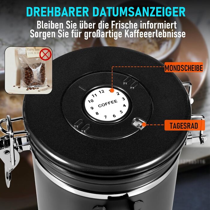 Герметичний контейнер для кави 1 кг: нержавіюча сталь, вікно, датчик дати, мірна ложка 30 мл, CO₂-вентиль, для кавових зерен, чаю, цукру
