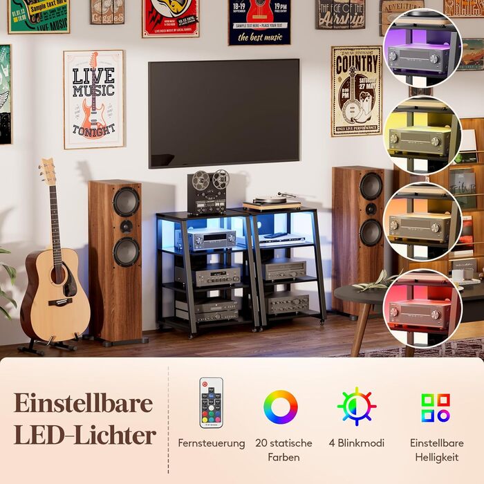 Lifewit Аудіостійка HiFi з полицями, колесами та LED-підсвіткою, 60x55x90 см, коричнево-чорна