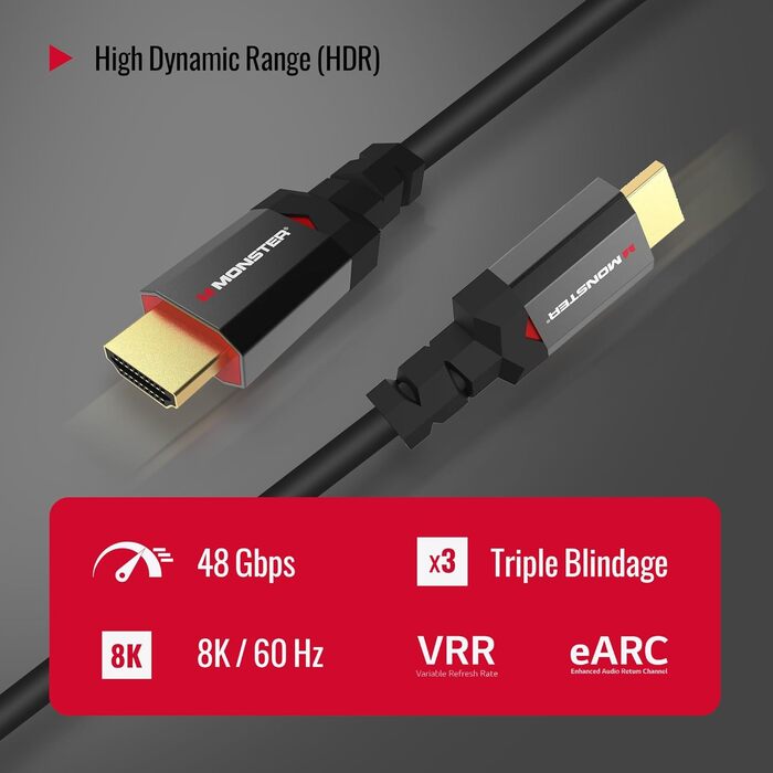HDMI кабель 2.1 Monster 1.8м, 8K Ultra HD, 48 Gbps, для ігор, сумісний з PS5, PS4, Xbox Series X, Xbox One