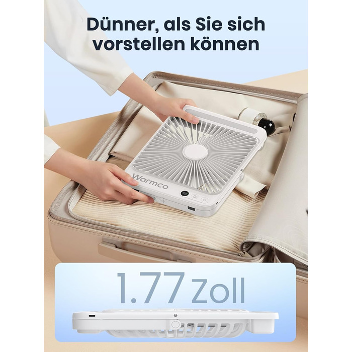 Вентилятор для кемпінгу Warmco 20000mAh з лампою та дисплеєм, 15-48 годин роботи, тихий, ультратонкий, з гачком, USB, для намету, відпочинку, офісу, автодому, спальні